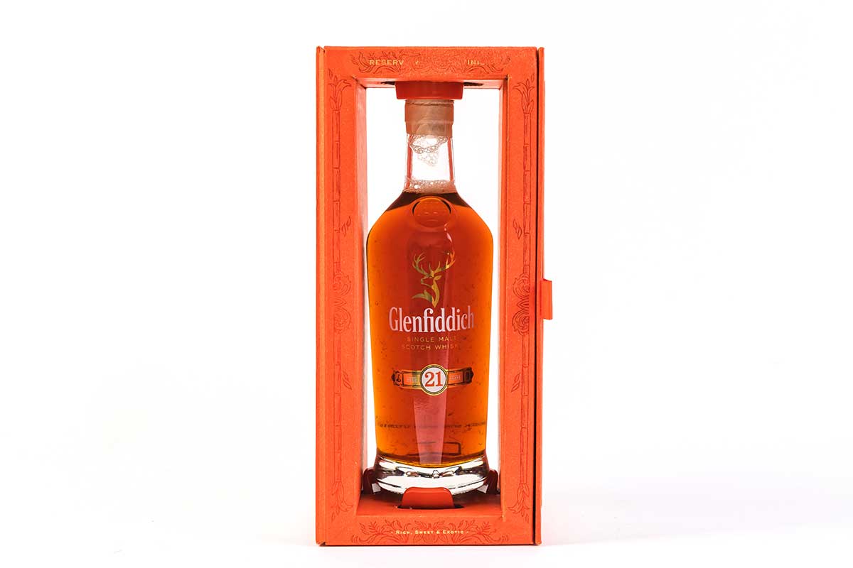 Glenfiddich bottle inside decorative packaging